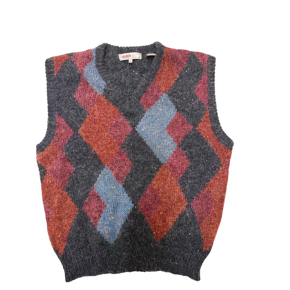 Astor vest gray argyle pattern red and blue wool short sleeve Men vintage